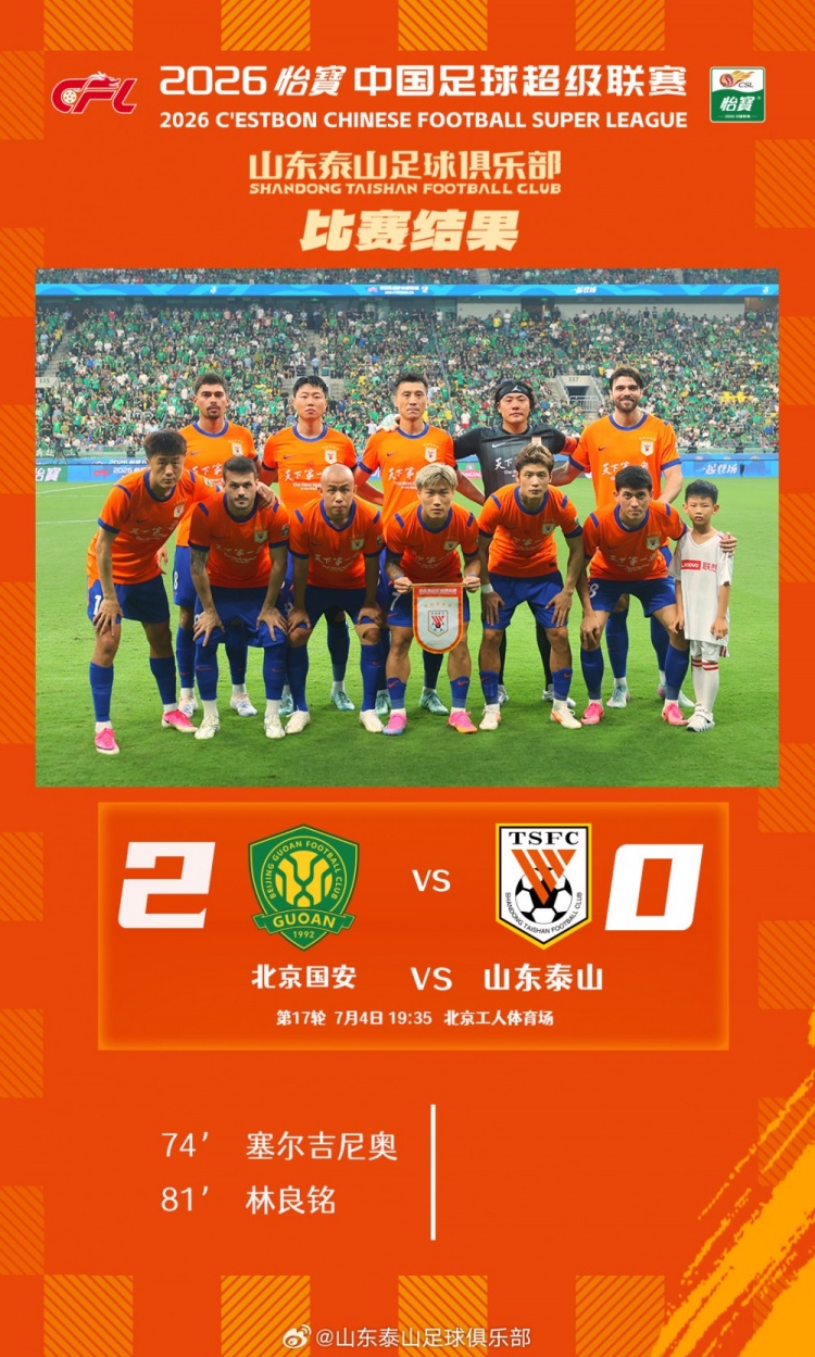 少打一人 山东泰山客场0-2负于北京国安