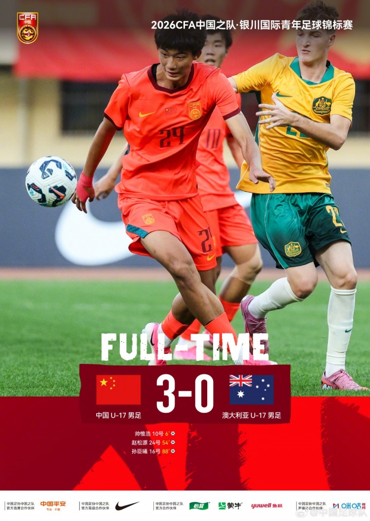 U17国足3-0完胜澳大利亚 帅惟浩闪击+孙臣曦替补建功