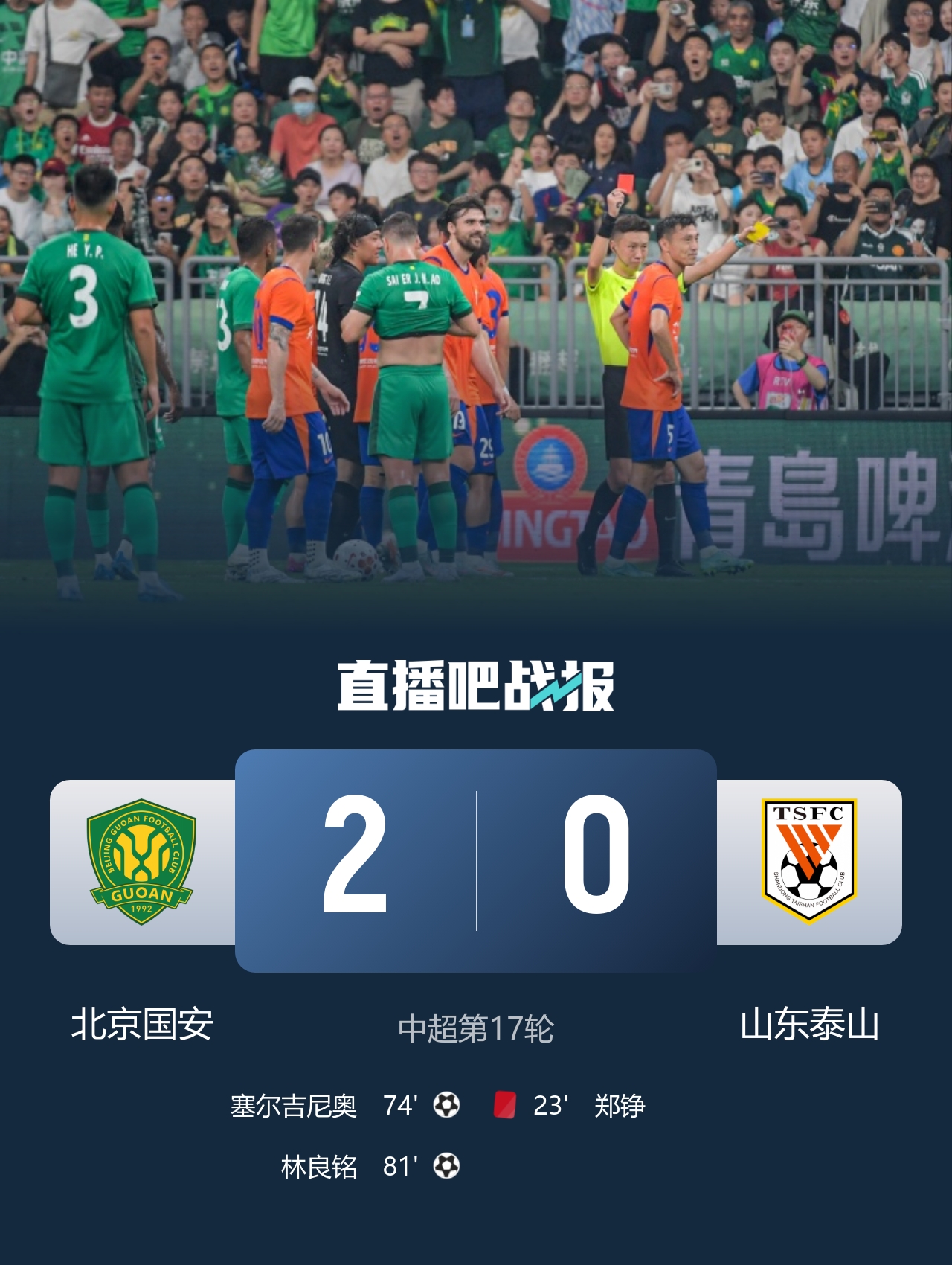 狂轰38脚零封十人泰山 国安2-0取四连胜