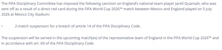 FIFA确认宽萨停赛两场 英足总上诉无门 FIFA确认宽萨停赛两场 英足总上诉无门