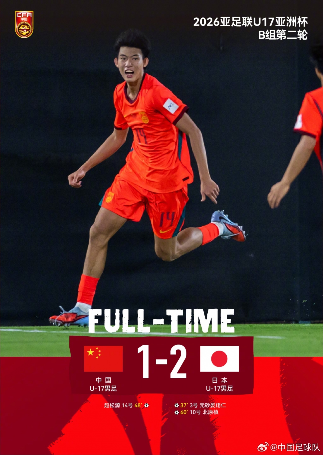 U17亚洲杯中国1-2日本两连败 赵松源破门全场仅2次射门
