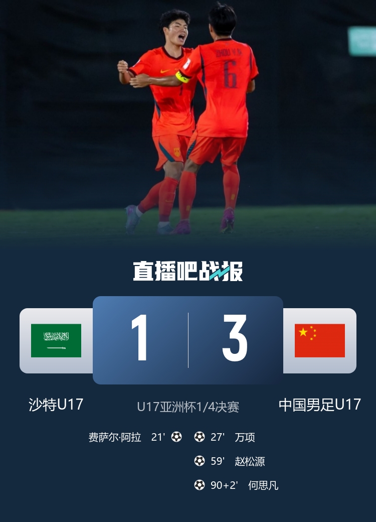 U17亚洲杯:何思凡传射一条龙 国足3-1逆转沙特晋级四强 U17亚洲杯:何思凡传射一条龙 国足3-1逆转沙特晋级四强