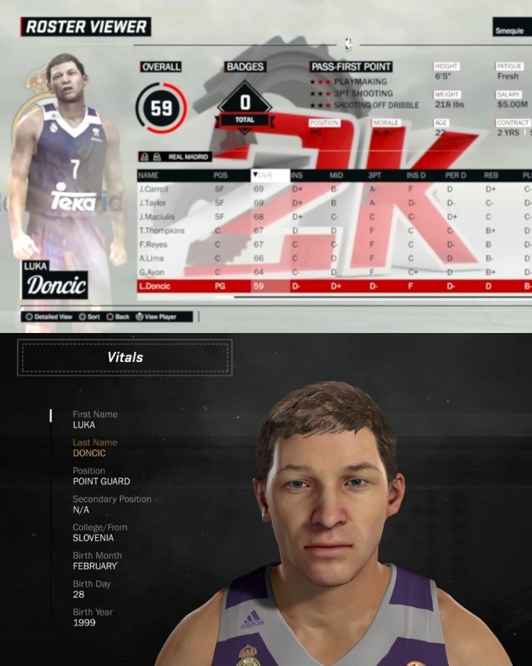 东契奇2K19初始评分59 脸模粗糙遭吐槽