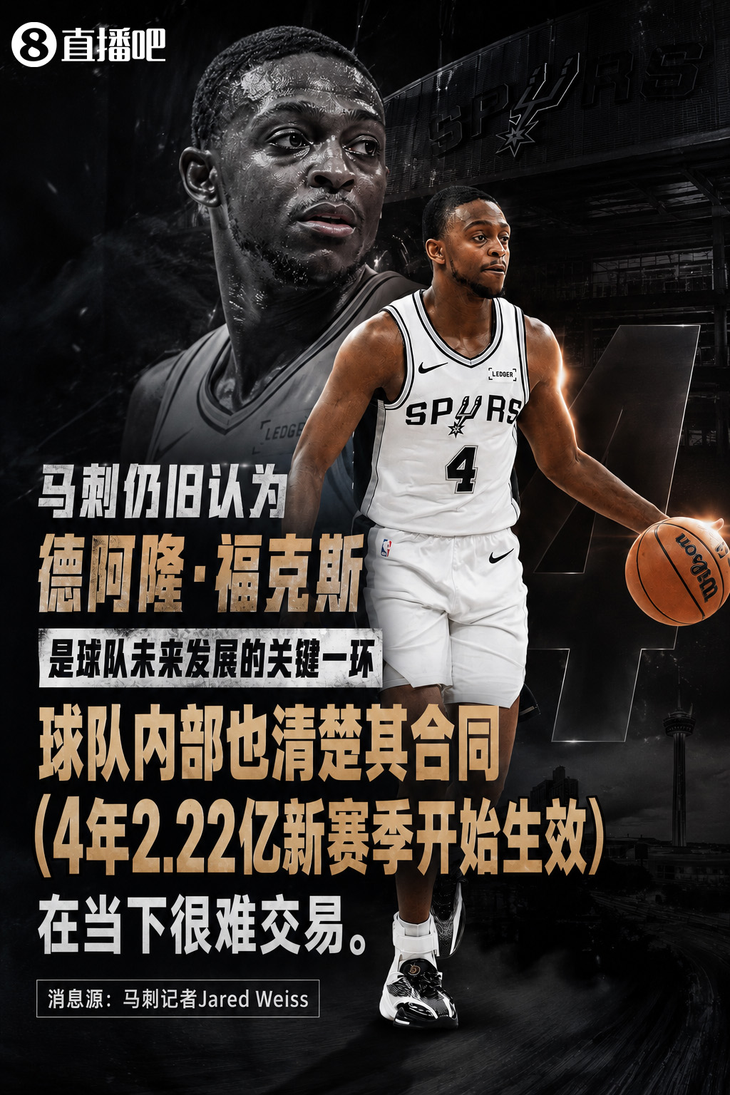 马刺内部仍视福克斯为未来核心 四年2.22亿合同成交易障碍