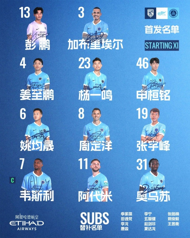 深圳新鹏城客战武汉三镇首发:加布列尔领衔四外援,周定洋坐镇中场