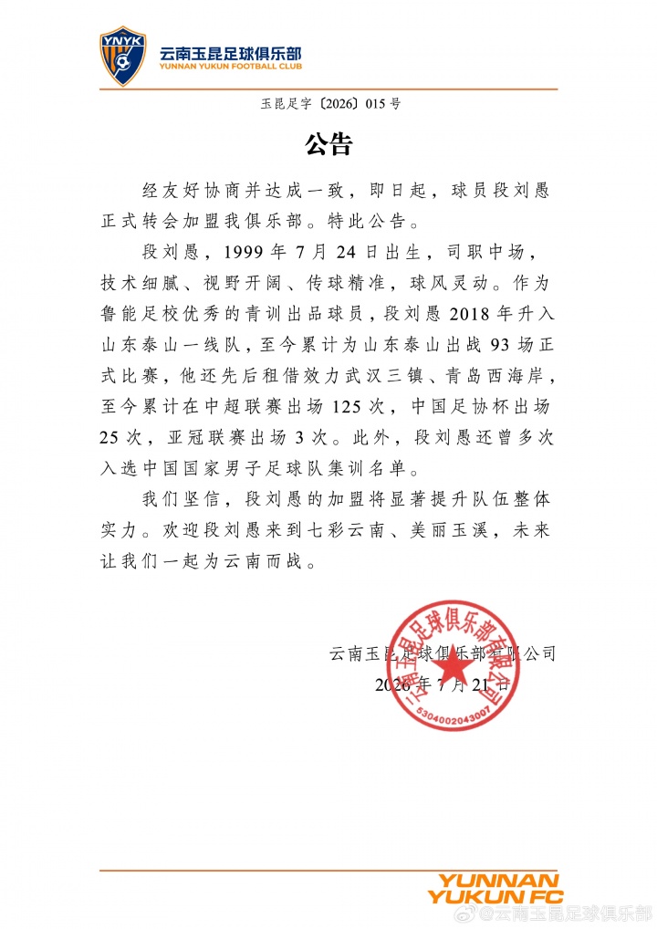 27岁中场段刘愚转会云南玉昆,结束8年泰山生涯 27岁中场段刘愚转会云南玉昆,结束8年泰山生涯