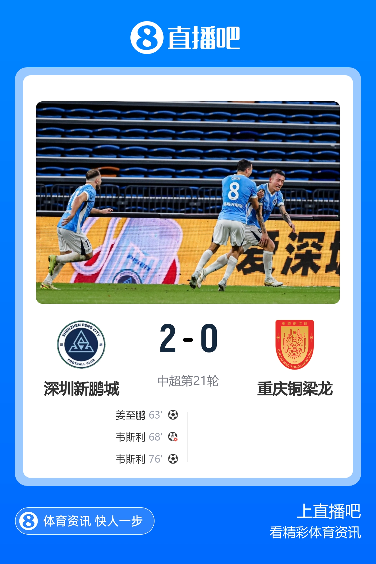 姜至鹏韦斯利双星建功 新鹏城2-0止连败升第9