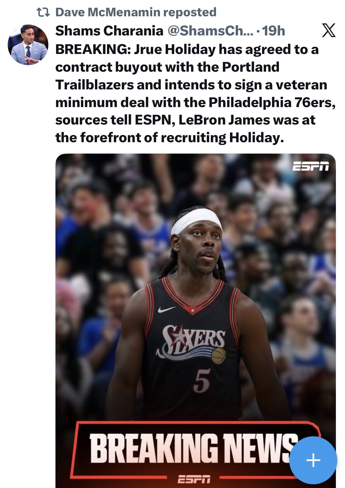 假Shams账号骗过ESPN名记 霍勒迪买断回76人传闻遭辟谣 假Shams账号骗过ESPN名记 霍勒迪买断回76人传闻遭辟谣